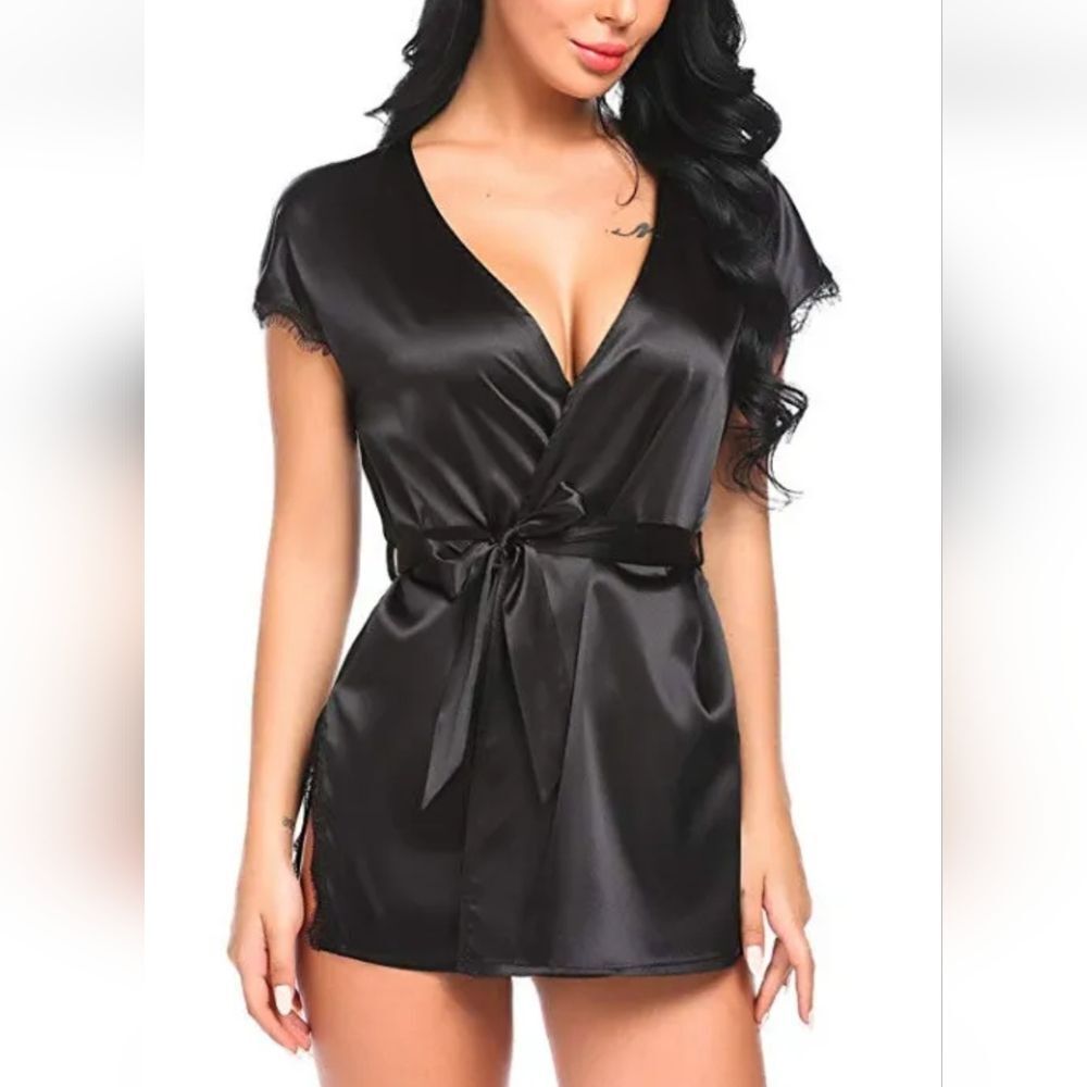 Women Short Silk Robe with Lace Trim Mini Dress Sexy Babydoll Sleepwear Lingerie
